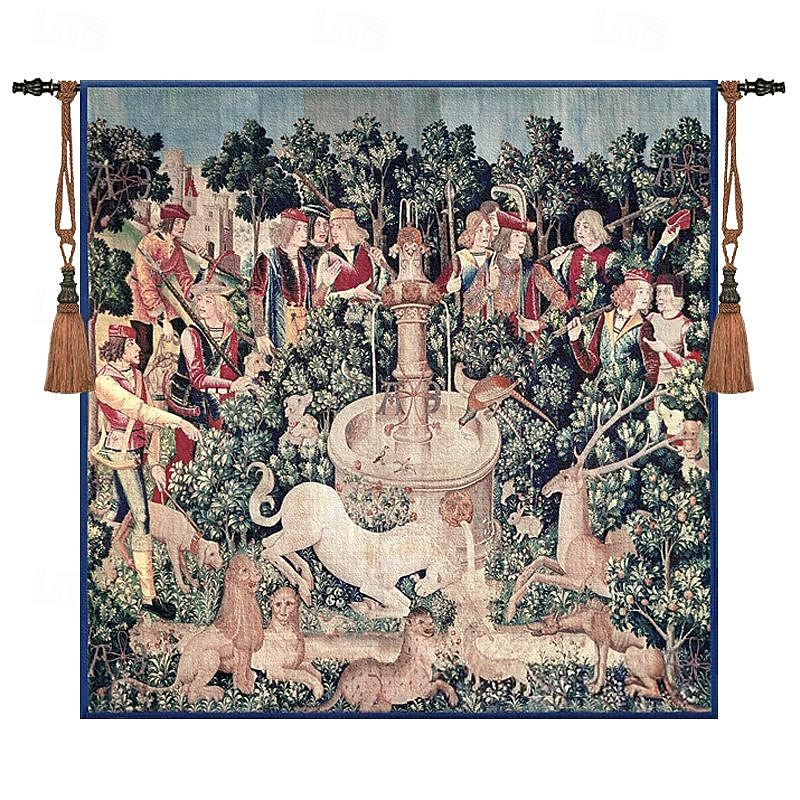 Jacquard Woven Tapestry Gobelin Aubusson Wall Hanging Hunt of the Unicorn Begian Wall Tapestry Loom Cotton Weave Living Room Bedroom Decoration(without Stick and Tassels)4