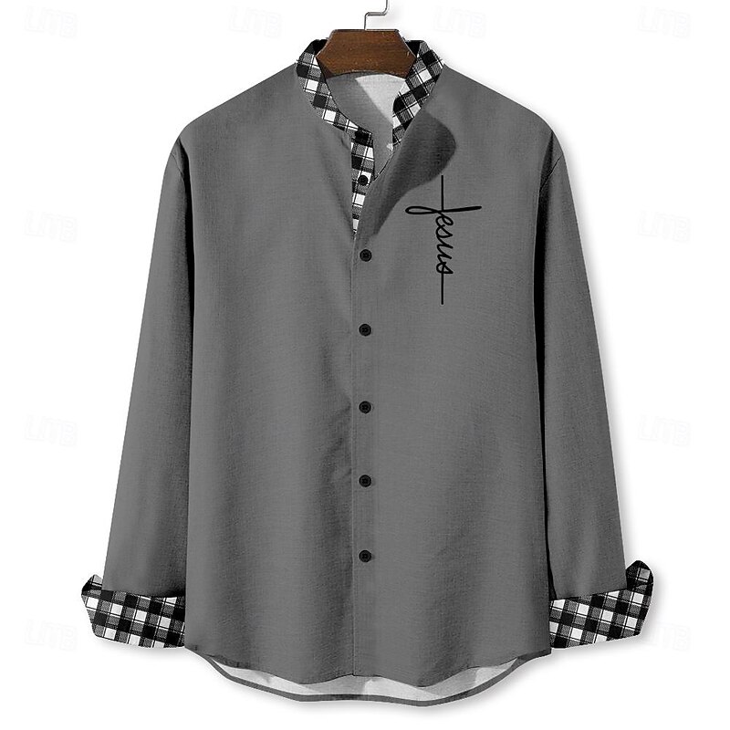 Men's Jesus Shirt Button Up Shirt Long Sleeve Vintage Casual Vacation Daily Summer Spring &  Fall Standing Collar Button Up 3D Print White Blue Khaki Gray2