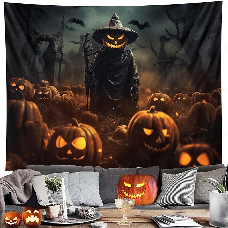 Halloween Decorations Hanging Tapestry Jack O Lantern Pumpkins Wall Art Large Tapestry Mural Decor Photograph Backdrop Blanket Curtain Home Bedroom Living Room Decoration Scarecrow Bats