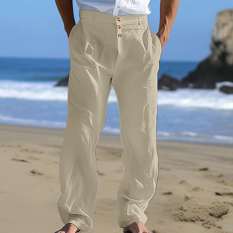 Men's Linen Pants Trousers Summer Pants Beach Pants Front Pocket Straight Leg Plain Comfort Breathable Business Casual Daily Fashion Holiday Black White