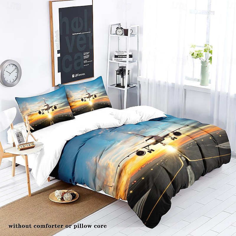 Airplane Sky Sunset Runway Duvet Cover Set - Includes Duvet Cover and Pillowcases - Stunning Airplane and Sunset Design - Soft and Comfortable Fabric2