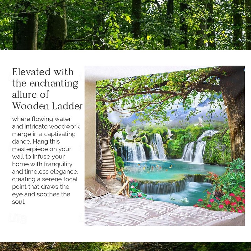 Beautiful wooden ladder waterfall scenery tapestry hanging cloth background cloth decorative cloth hanging cloth4