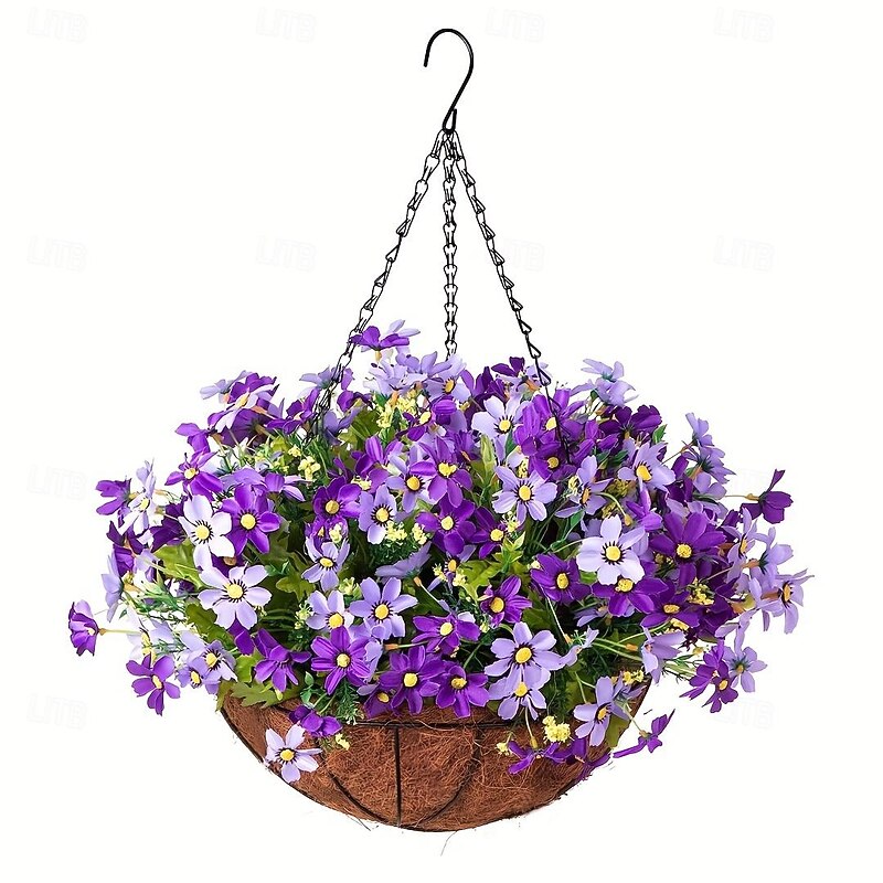 Artificial Hanging Flowers in Basket - Outdoor/Indoor Patio Lawn Garden Decor, Daisy Basket with 12-Inch Coconut Lining Chain Flowerpot
