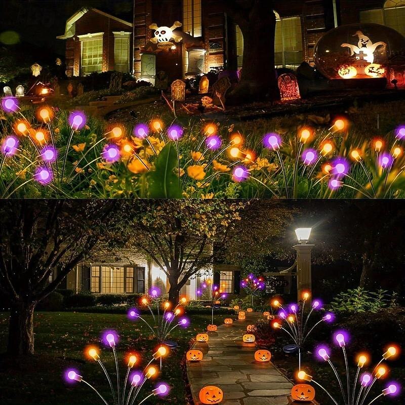 2pcs Solar Swaying Firefly Lights Purple Orange Light Outdoor Solar  Ground Pathway light with 8 Heads for Halloween Outdoor Courtyard Halloween Decorations4