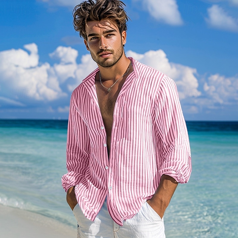 Men's Shirt Summer Shirt Beach Wear Button Up Shirt Casual Shirt Striped Shirt Pink Green Dark Gray Light Blue Long Sleeve Plain Band Collar Daily Vacation Splice Clothing Apparel Fashion Casual 5