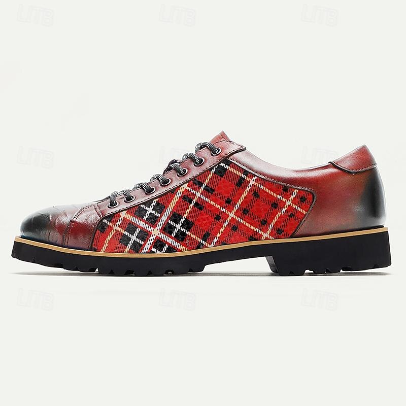 Men's Red Plaid Leather Casual Shoes with Lace-Up Design - Stylish and Comfortable for Christmas,Everyday Wear4