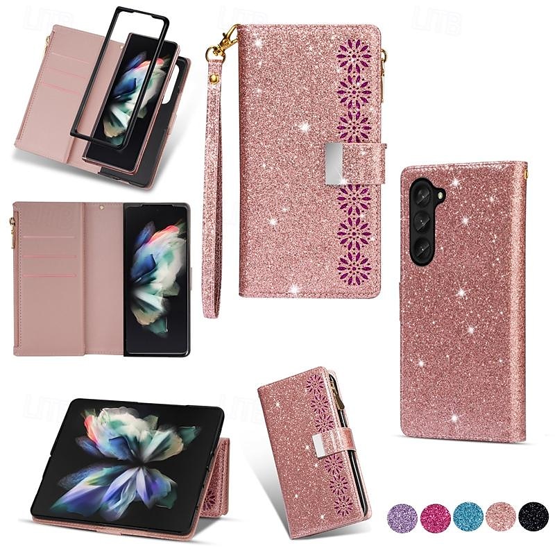 Phone Case For Samsung Galaxy Z Fold 7 Z Fold 6 Z Fold 5 Z Fold 4 Z Fold 3 Wallet Case Magnetic Zipper with Wrist Strap Retro sky PC PU Leather