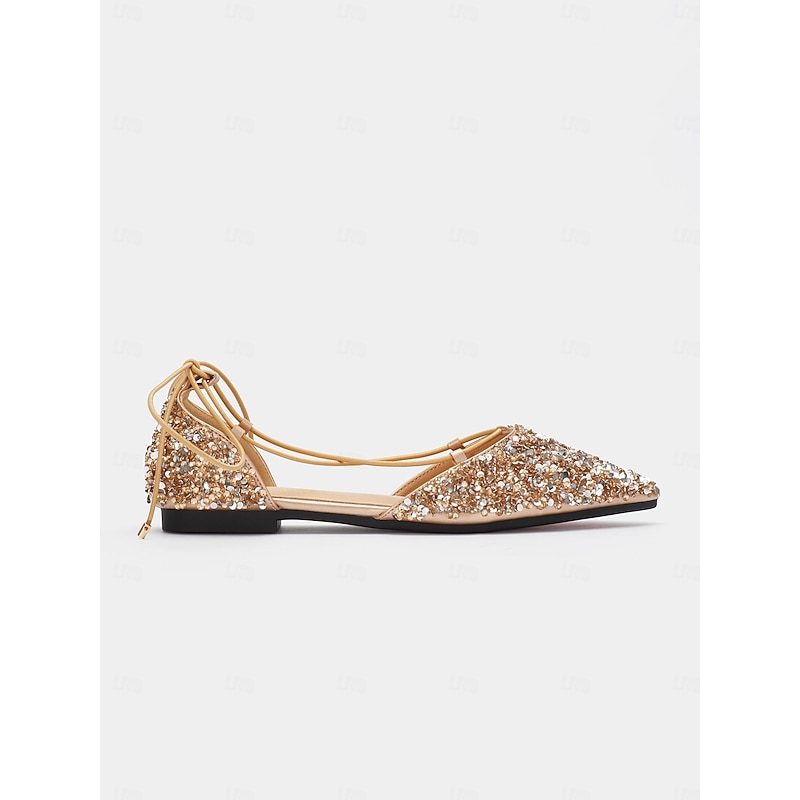 Women's Glitter Pointed Toe Lace-Up Flats - Sparkly Sequin Ballet Shoes for Parties and Special Occasions3