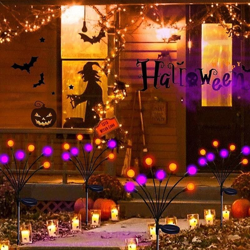2pcs Solar Swaying Firefly Lights Purple Orange Light Outdoor Solar  Ground Pathway light with 8 Heads for Halloween Outdoor Courtyard Halloween Decorations3
