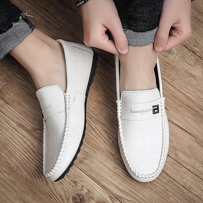 Men's White Faux Leather Driving Shoes Loafers with Elegant Stitching for Casual, Office, and Driving4