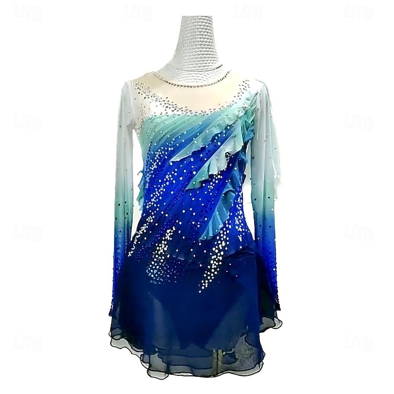 Figure Skating Dress Women's Girls' Ice Skating Dress Black Blue Patchwork Thumbhole Mesh High Elasticity Training Competition Skating Wear Classic Long Sleeve Ice Skating Figure Skating