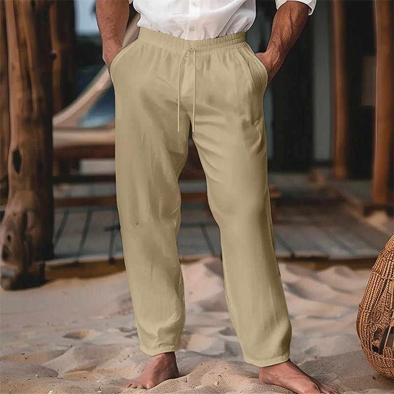 Men's Linen Pants Trousers Summer Pants Drawstring Elastic Waist Plain Comfort Soft Full Length Party Daily Beach Fashion Simple Black White Micro-elastic4