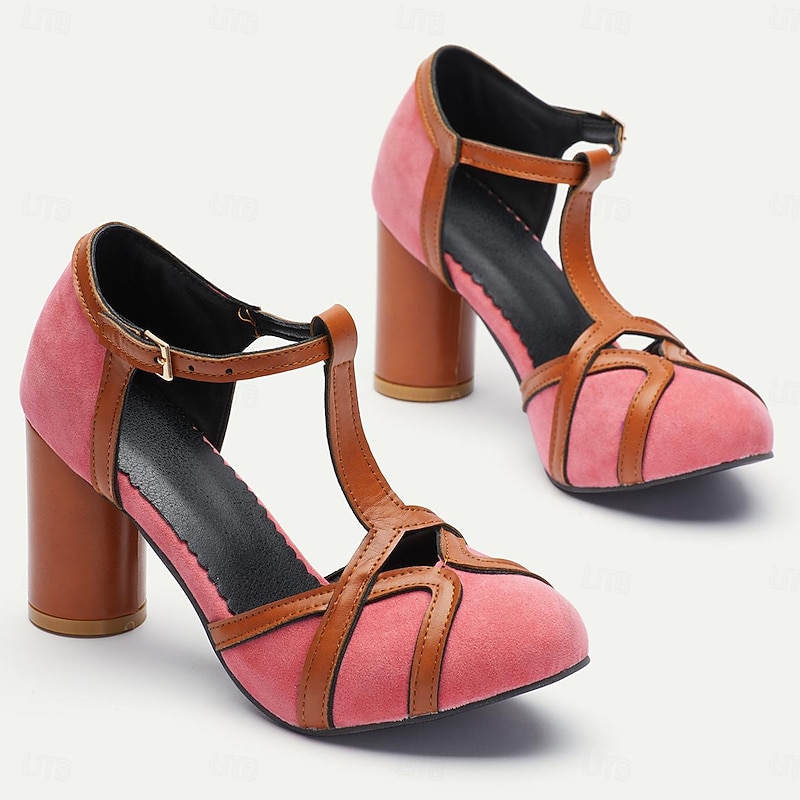 Women's Elegant Pink and Brown Suede T-Strap Chunky Heel Pumps for Vintage and Retro Style3