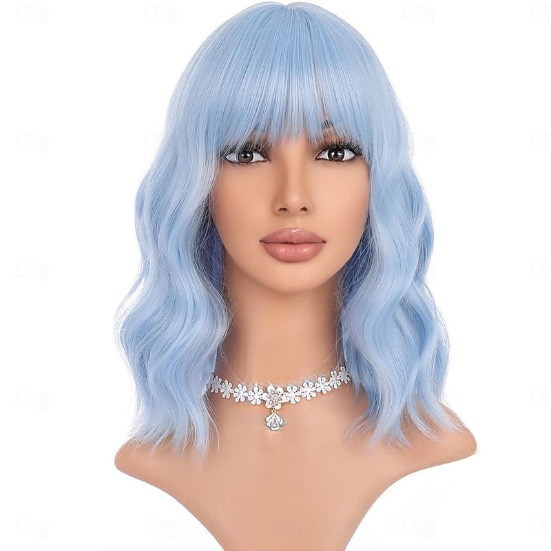 Wig Short Bob Wig Short Blue Wigs for Women Curly Wavy Wig with Air Bangs Heat Resistant Synthetic Hair Wigs for Daily Use Halloween Cosplay Party Wigs