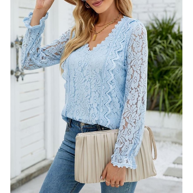 Women's Elegant Lace Tops Eyelet Blouse Elegant Solid Color Lace Eyelet Lantern Sleeve Long Sleeve V Neck Daily Romantic Petite Tops Summer Holiday Wear Pink Sky Blue Green Beige Summer4