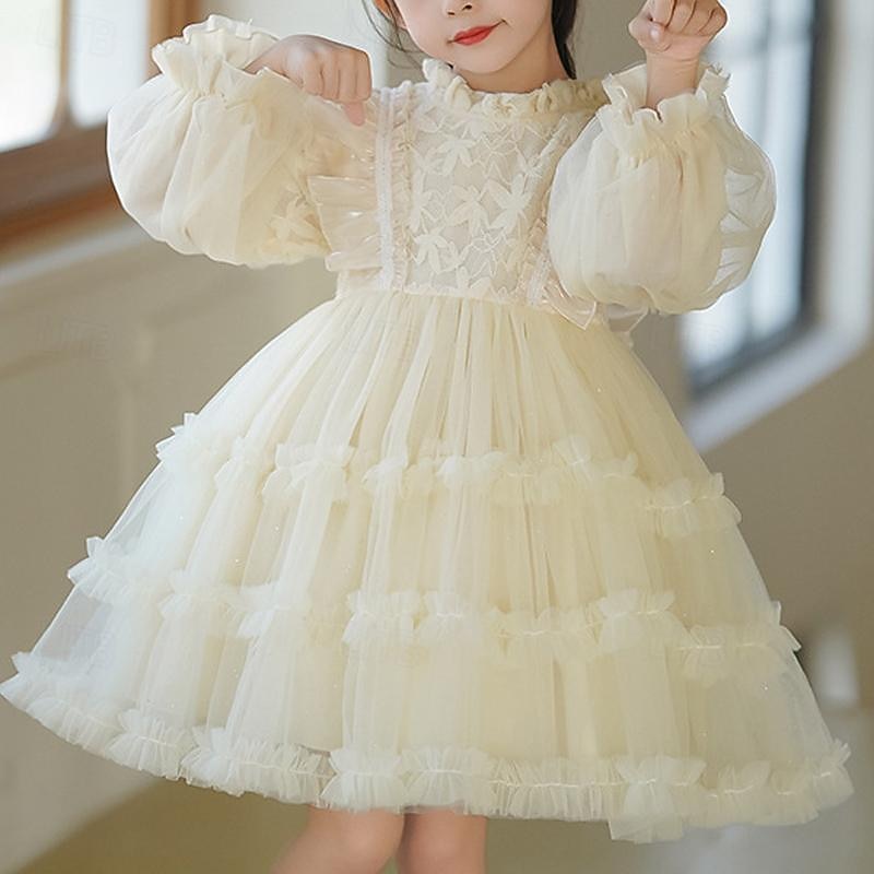 Kids Girls' Flower Girl Dress Party Dress Solid Color Long Sleeve Performance Wedding Party Mesh Princess Beautiful Sweet Polyester Knee-length Party Dress Swing Dress Tulle Dress Summer Spring 5-13