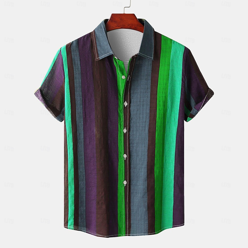Men's Striped Geometric Pattern Button Up Shirt Short Sleeve Vintage Casual Vacation Daily Hawaiian Summer Spring Collared Shirts Button Up 3D Print Light Green Blue Purple Green4
