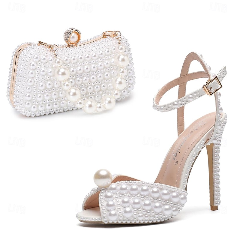 Women's Wedding Shoes Dress Shoes Ankle Strap Heels Comfort Shoes Wedding Party Color Block Contrast Color Wedding Heels Wedding Sandals Bridal Shoes Rhinestone Crystal Imitation Pearl Stiletto Round