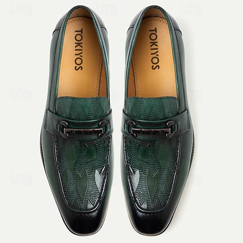 Men's Green Leather Loafers - Stylish Slip-On Dress Shoes with Metal Buckle Detail and White Sole for Business, Formal Events, and Casual Outings2