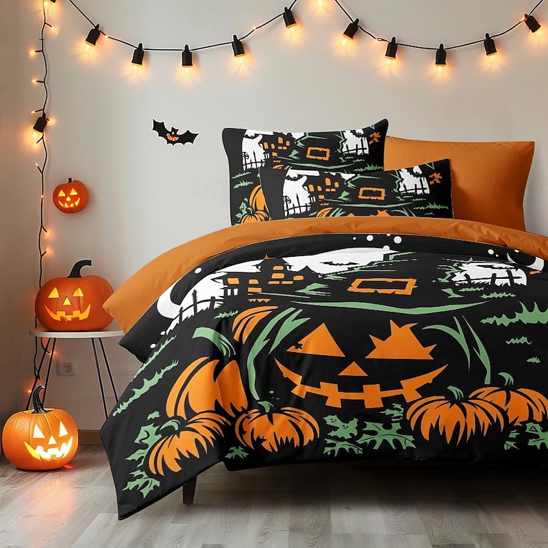 Halloween Collection Duvet Cover Set Jack O Lantern Pumpkin 3 Piece Set Super Soft Skin-friendly Long-lasting