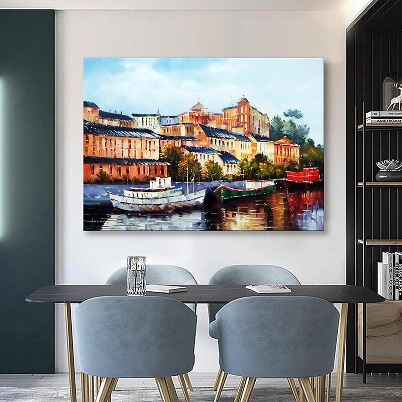 Handmade Oil Painting Canvas Wall Art Decoration Landscape Oil Painting Italian Water City Architecture for Home Decor Rolled Frameless Unstretched Painting2