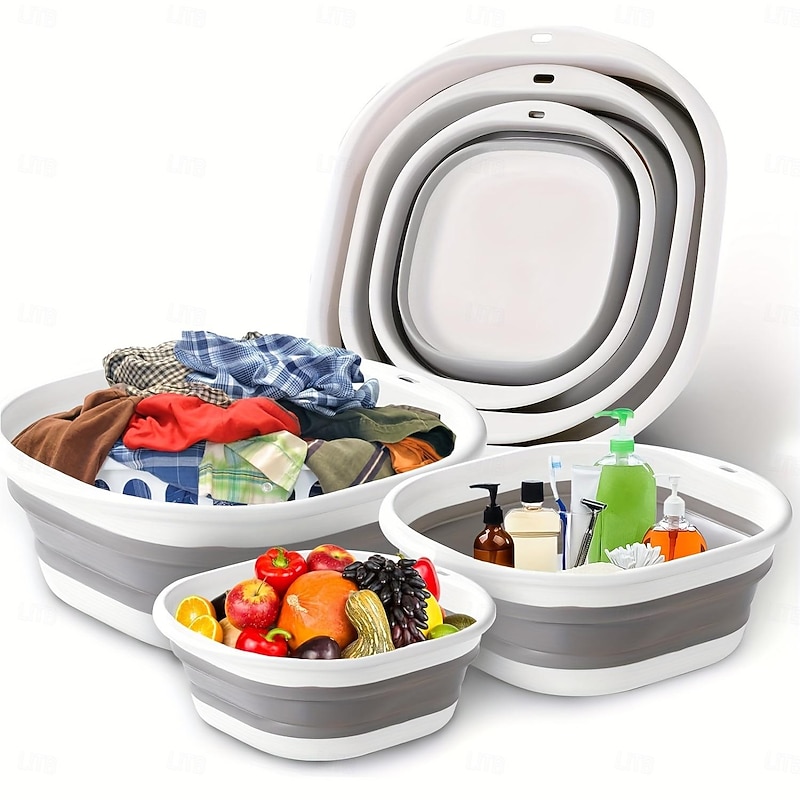 Foldable Dishwasher Set Of 3 Pieces Washbasin Saves Space For Picnics And Camping Used For Dishwashing Vegetable Washing And Fruit Gray Folding Storage Basin