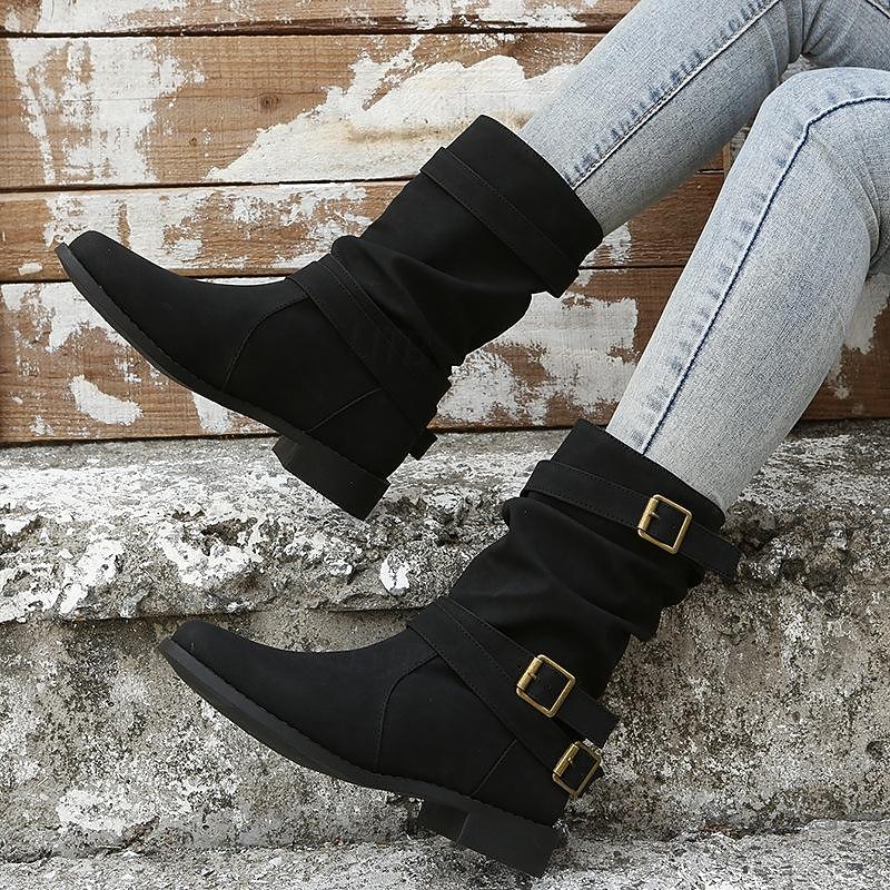 Women's Buckle Strap Slouch Mid-Calf Boots – Casual Flat Winter Outdoor Boots for Everyday Wear2