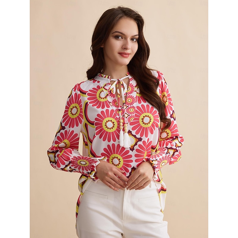 Satin Floral Print V Neck Shirt