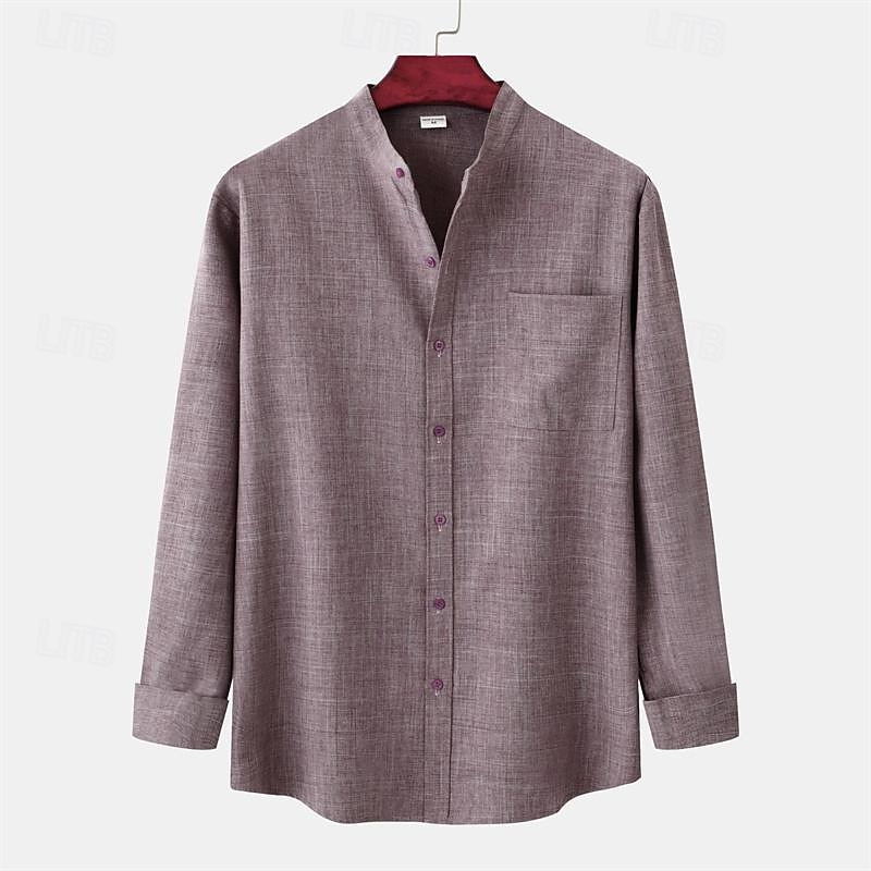 Men's Shirt Linen Shirt Chinese Collar Shirt Mandarin Collar Shirt Casual Shirt Button Up Shirt Plain Vacation Hawaiian Red Dark Green Khaki Long Sleeve Grandad Collar Spring &  Fall Clothing Apparel3