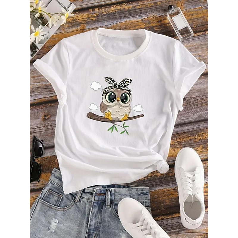 Women's T shirt Tee 100% Cotton Owl Daily Casual Short Sleeve Black Summer