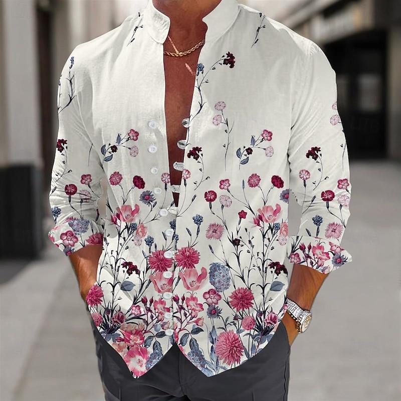 Men's Floral Shirt Button Up Shirt Long Sleeve Casual Beach Daily Beach Wear Summer Spring Fall Mandarin Collar Band Collar Button Up 3D Print Pink Blue Beige