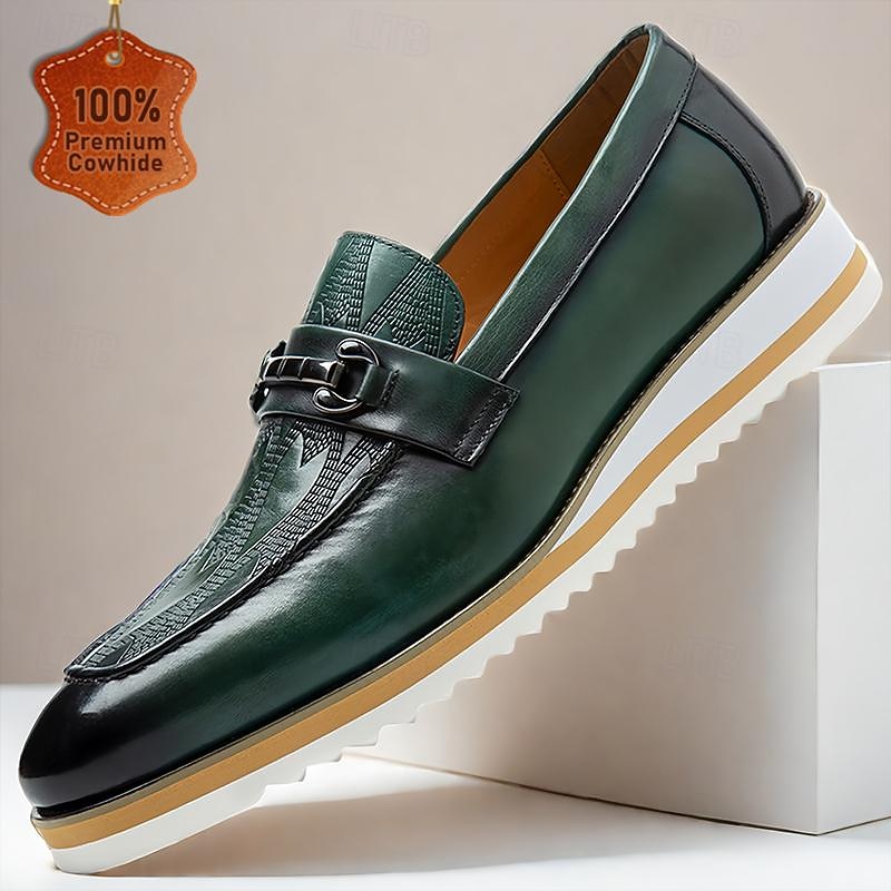 Men's Green Leather Loafers - Stylish Slip-On Dress Shoes with Metal Buckle Detail and White Sole for Business, Formal Events, and Casual Outings