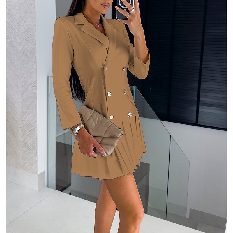 Women's Elegant Dress Mini Dress Pleated Double Breasted Elegant V Neck Long Sleeve Light Pink Black White Color4