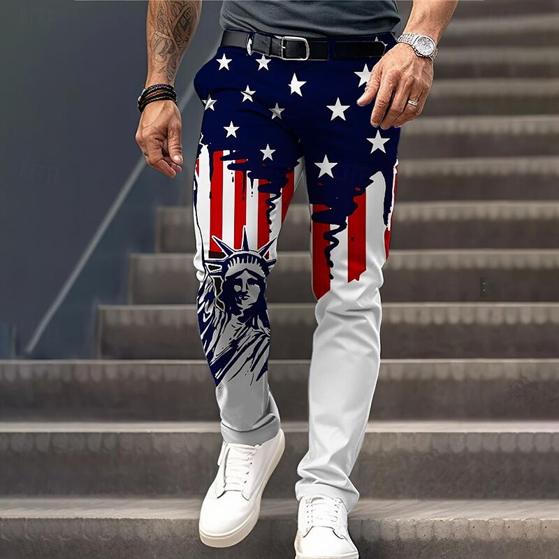 Men's Casual Flag American Flag Dress Pants 3D Print Pocket 3D Print Mid Waist Party Evening Dailywear Vacation Summer Spring Fall Blue Slim Fit Inelastic