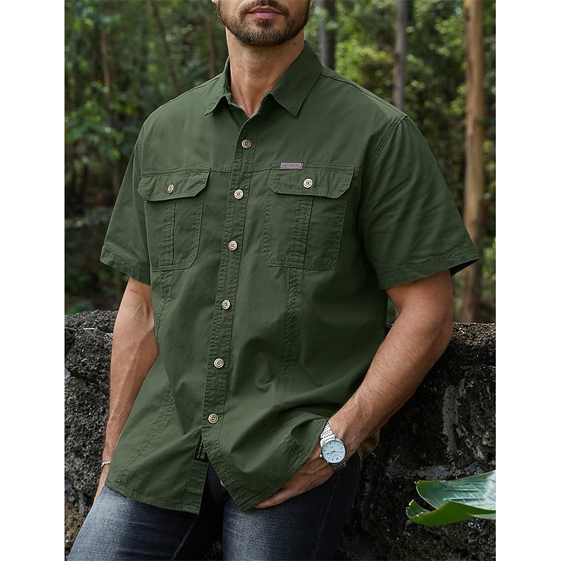 Men's Shirt Button Up Shirt Casual Shirt Work Shirt Cargo Shirt Black Navy Blue Royal Blue Orange Green Short Sleeves Plain Turndown Vacation Going out Button-Down Clothing Apparel Stylish Modern4