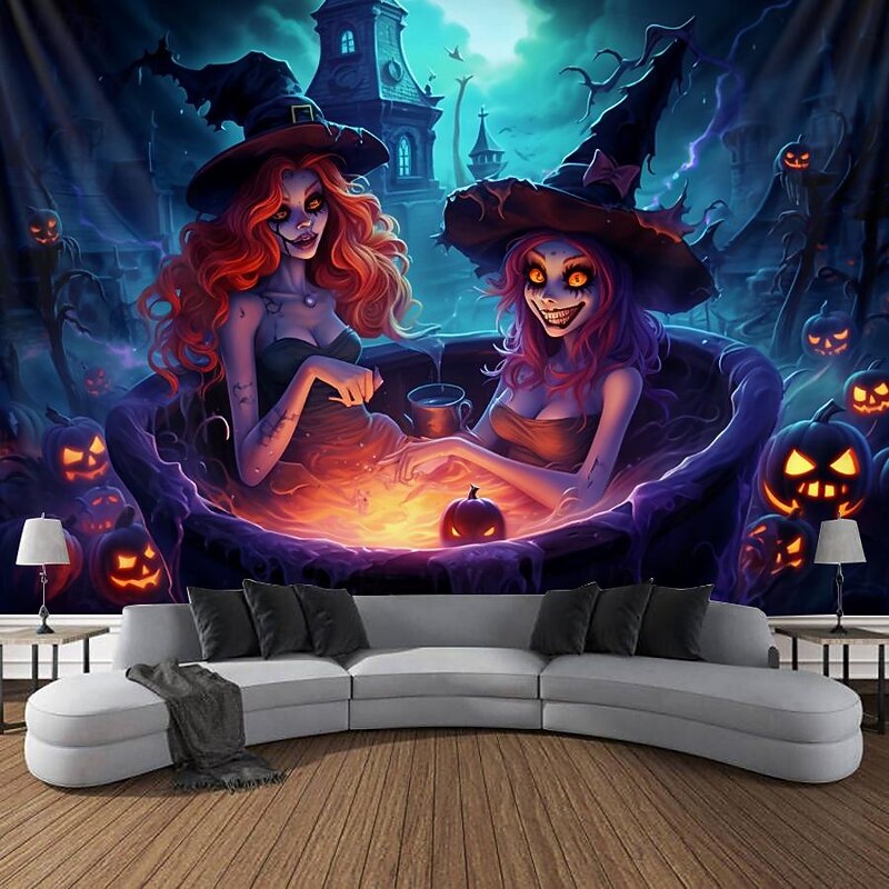 Halloween Decorations Pumpkin Blacklight Tapestry UV Reactive Glow in the Dark Trippy Misty Hanging Tapestry Wall Art Mural for Living Room Bedroom Poison Witch3