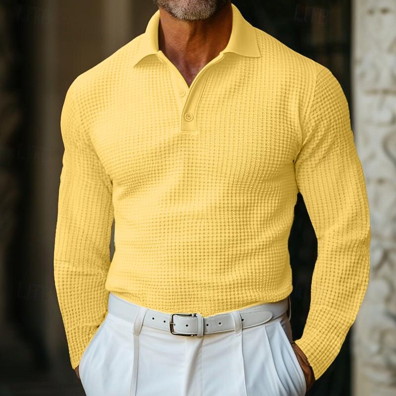 Men's Golf Shirt Waffle Knit Polo Shirt Business Active Classic Long Sleeve Fashion Modern Solid Color Button Summer Spring Regular Fit Dark Grey White Yellow Khaki Golf Shirt