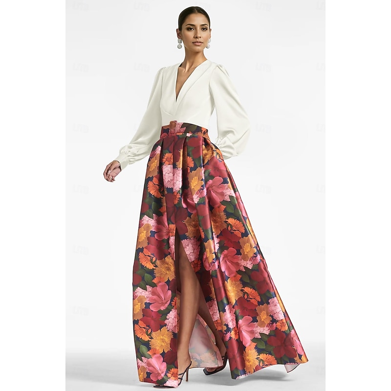 A-Line Evening Gown High Split Dress Formal Wedding Guest Floor Length Long Sleeve V Neck Belt / Sash Satin with Floral Print Slit Wedding Guest Dress