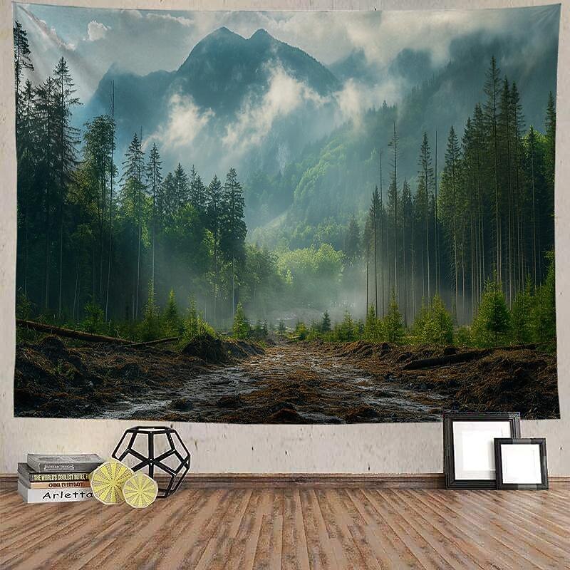 Misty Forest Landscape Hanging Tapestry Wall Art Large Tapestry Mural Decor Photograph Backdrop Blanket Curtain Home Bedroom Living Room Decoration3