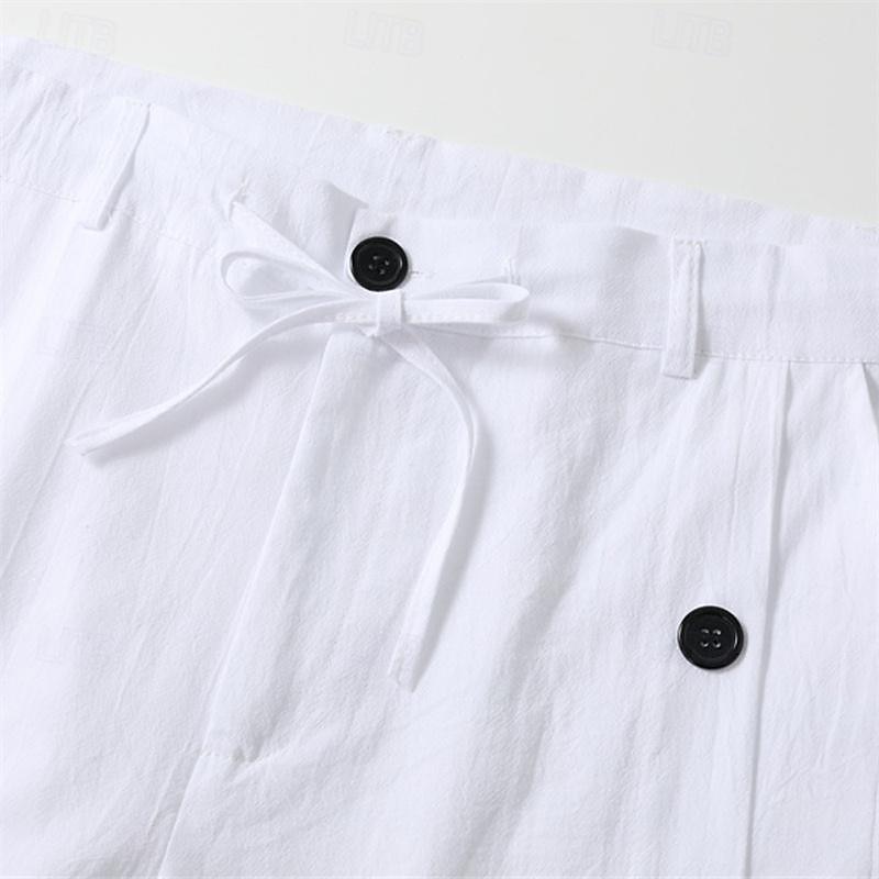 Men's Linen Pants Trousers Summer Pants Beach Pants Drawstring Side Button Straight Leg Plain Comfort Breathable Full Length Casual Daily Holiday Fashion Classic Style Black White4