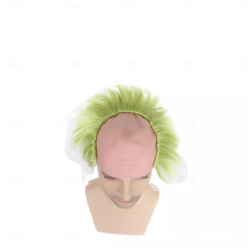 Men's Beetlejuice 2 Cosplay Short Fluffy Wavy Clown Bald Wig For Halloween Party Costume wigs For Adult3