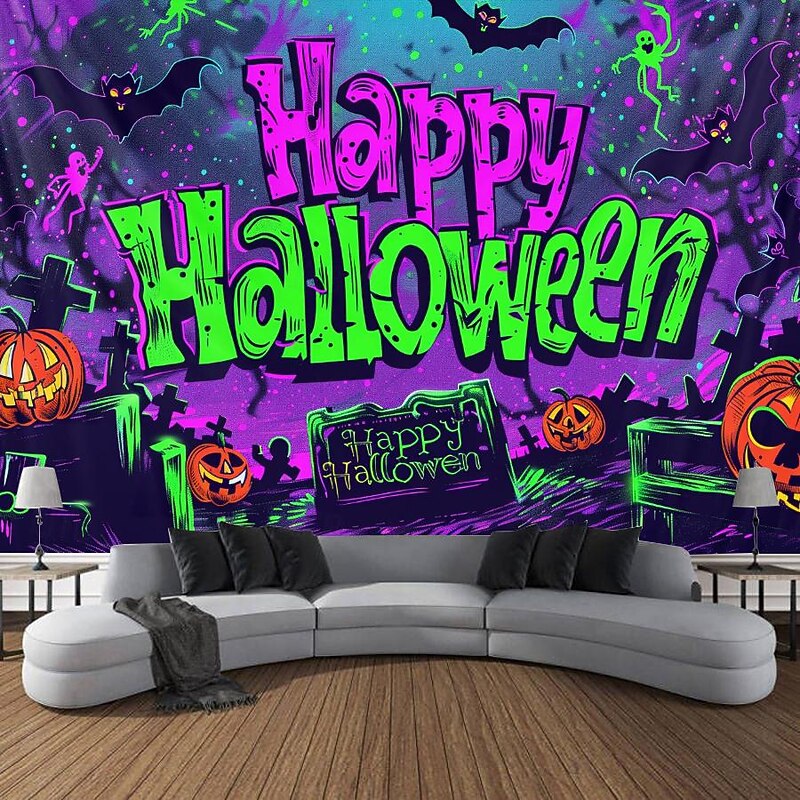 Halloween Decorations Pumpkin Blacklight Tapestry UV Reactive Glow in the Dark Forest Trippy Mountain Misty Graveyard Ghost Hanging Tapestry Wall Art Mural for Living Room Bedroom3