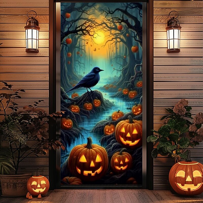 Halloween Door Decorations Halloween Door Covers Pumpkin Crow Door Tapestry Door Curtain Decoration Backdrop Door Banner for Front Door Farmhouse Holiday Party Decor Supplies4
