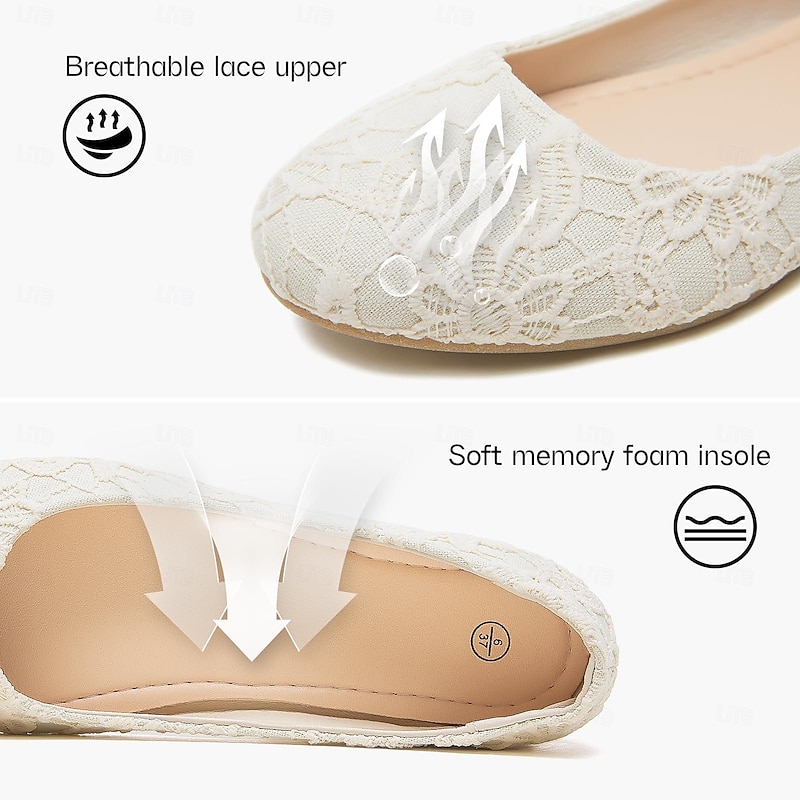 Women's Elegant Lace PU Leather Ballet Flats - Comfortable White Dress Shoes with Soft Anti-Slip Sole, Perfect for Weddings, Parties, and Everyday Wear3