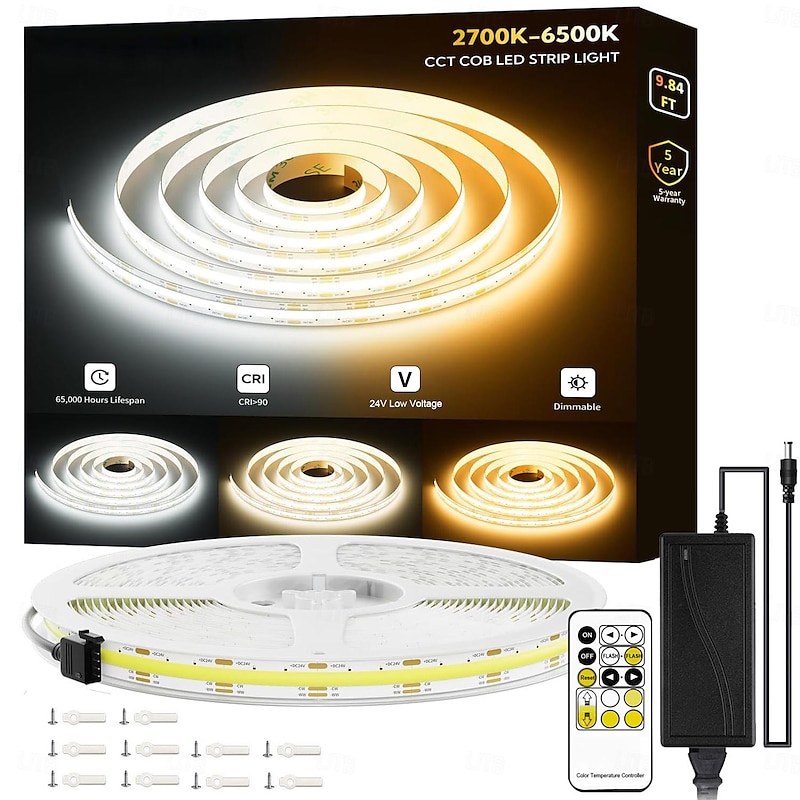 COB LED Strip Light White CCT 608LED/M Ultra Bright 10-33 ft Dimmable 2700K-6500K 24V LED Strip with RF Controller and Power Supply Suitable for DIY Lighting of Cabinets Bedrooms Kitchens Mirrors