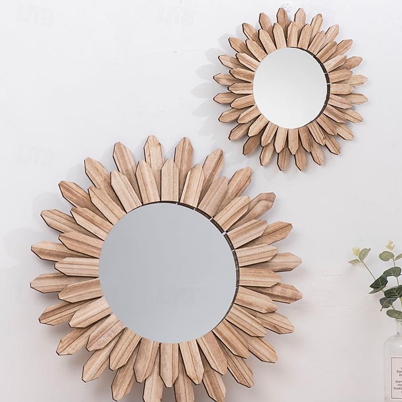 Wall Mirror Decorative Rustic Round Wood Mirrors for Wall Sunburst Boho Wall Art Decor Mirror for Cottagecore Decor Entryway Bedroom Living Room