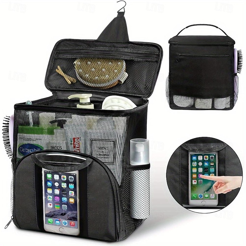 Waterproof Hanging Shower Caddy Organizer with 7 Flexible Holders.Quick Dry Mesh Toiletry Bag with Touch-Friendly Pocket for Smartphones Wall-Mount Shower Tote for College Dorm Gym and Travel 1PCS