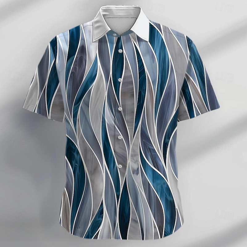 Men's Striped Geometric Pattern Shirt Button Up Shirt Short Sleeve Abstract Casual Daily Holiday Summer Turndown Button Up 3D Print Blue