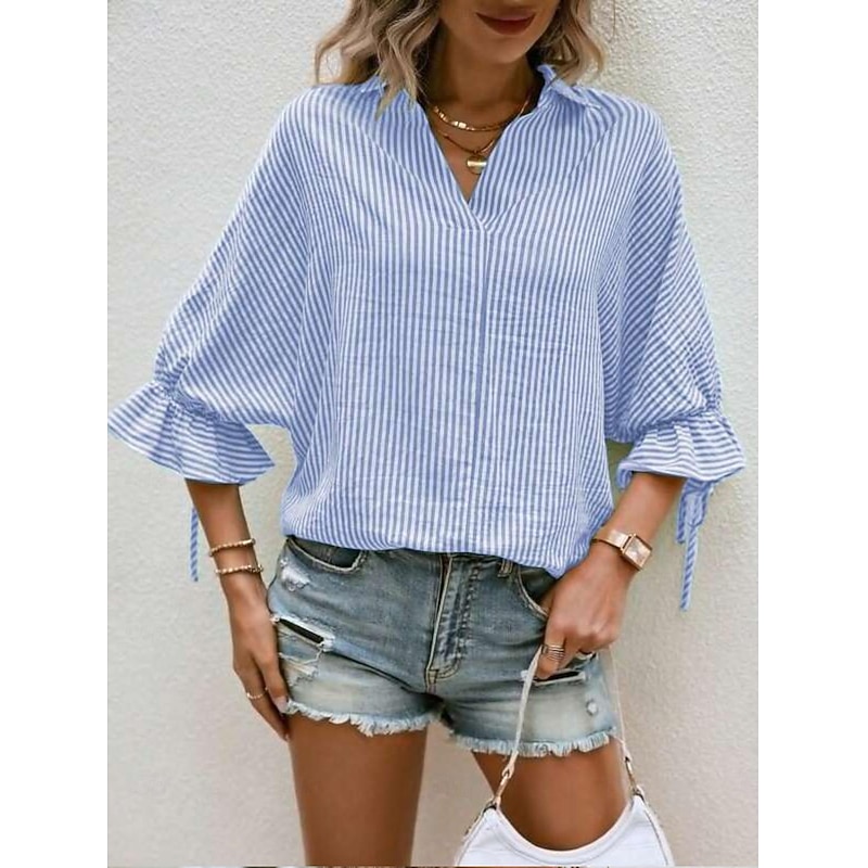 Women's Shirt Striped Elegant Modern 3/4 Length Sleeve Ruffle Sleeve Shirt Collar Work Asymmetric Blue Green Summer Spring Fall3