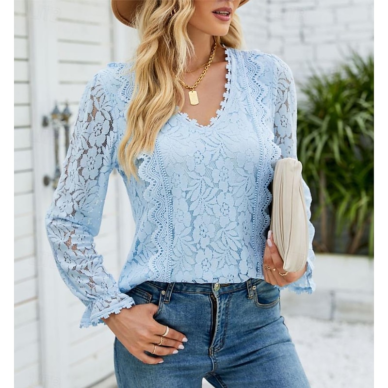 Women's Elegant Lace Tops Eyelet Blouse Elegant Solid Color Lace Eyelet Lantern Sleeve Long Sleeve V Neck Daily Romantic Petite Tops Summer Holiday Wear Pink Sky Blue Green Beige Summer